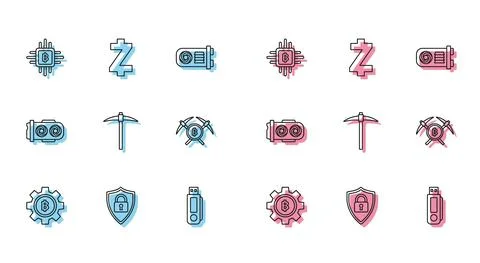 Set line Cryptocurrency coin Bitcoin, Shield security with lock, CPU mining farm Stock Illustration