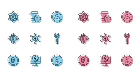 Set line Cryptocurrency coin Bitcoin, Monitor and Ethereum ETH, Blockchain 스톡 일러스트