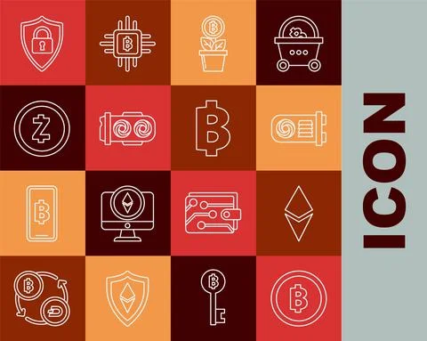 Set line Cryptocurrency coin Bitcoin, Ethereum ETH, Mining farm, plant pot 스톡 일러스트