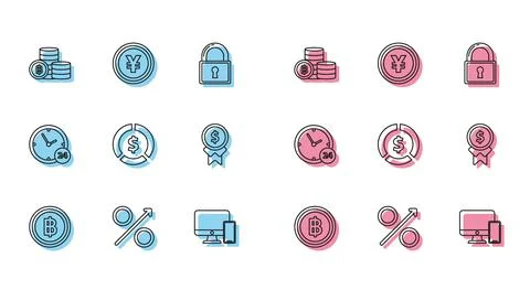 Set line Cryptocurrency coin Bitcoin, Percent up arrow, Computer monitor and Stock-Illustration