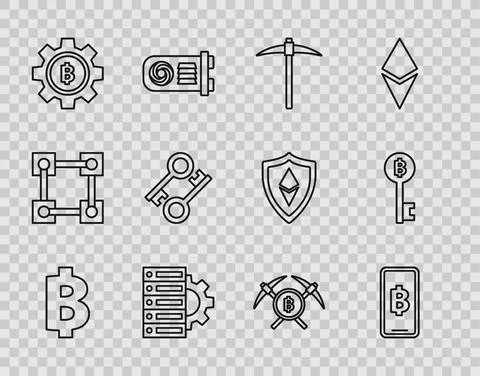 Set line Cryptocurrency coin Bitcoin, Phone mobile and cryptocurrency, Pickaxe Stock Illustration