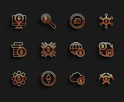 Set line Cryptocurrency coin Bitcoin, Ethereum ETH, Monitor and, cloud mining 스톡 일러스트