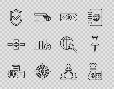 Set line Cryptocurrency coin Bitcoin, Shield check mark, Presentation financial イラスト素材