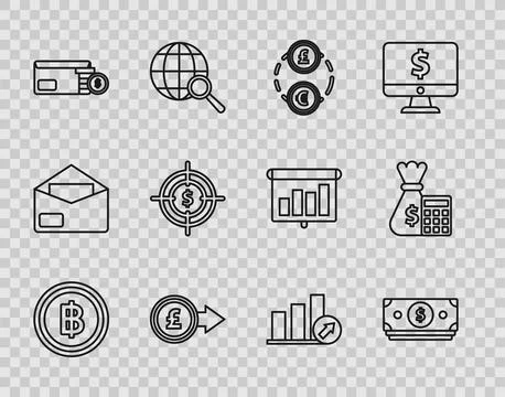 Set line Cryptocurrency coin Bitcoin, Envelope dollar, Target, Presentation Stockillustratie