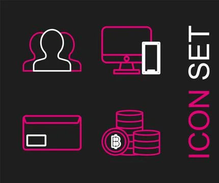 Set line Cryptocurrency coin Bitcoin, Envelope, Computer monitor and mobile p Stock Illustration