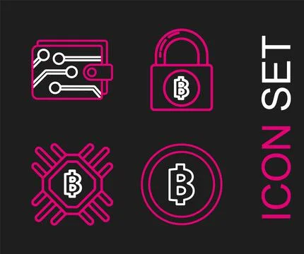 Set line Cryptocurrency coin Bitcoin, CPU mining farm, Lock with bitcoin and  스톡 일러스트