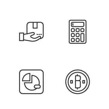 Set line Cryptocurrency coin Bitcoin, Pie chart infographic, Delivery hand with Illustrazione stock