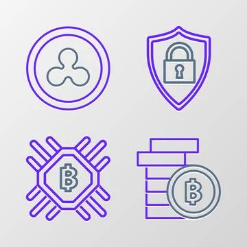 Set line Cryptocurrency coin Bitcoin, CPU mining farm, Shield security with lock Stock Illustration