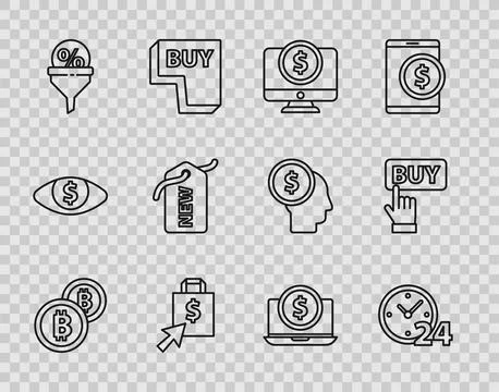 Set line Cryptocurrency coin Bitcoin, Clock 24 hours, Computer monitor with Stock Illustration
