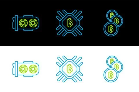Set line Cryptocurrency coin Bitcoin, Mining farm and CPU mining icon. Vector Stock Illustration