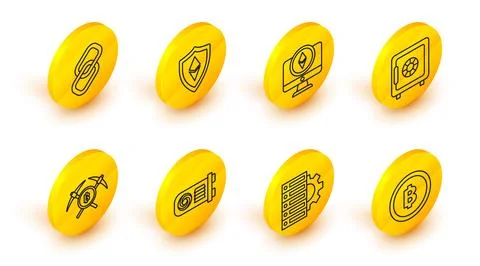 Set line Cryptocurrency coin Bitcoin, Server and gear, Mining farm, Crossed.. Stock Illustration