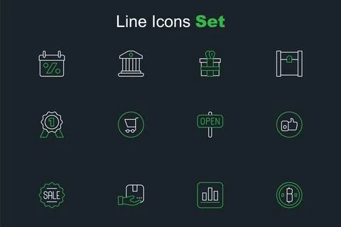 Set line Cryptocurrency coin Bitcoin, Pie chart infographic, Delivery hand .. Ilustración de archivo