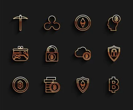 Set line Cryptocurrency coin Bitcoin, Pickaxe, Shield Ethereum ETH, Lock wi.. Stock Illustration