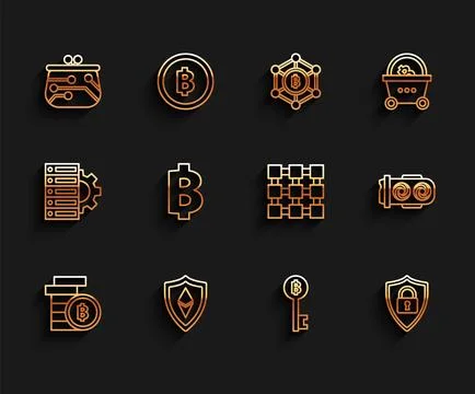 Set line Cryptocurrency coin Bitcoin, Shield Ethereum ETH, wallet, key, sec.. Stock Illustration