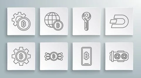 Set line Cryptocurrency coin Bitcoin, Globe and cryptocurrency, bitcoin cir.. Illustrazione stock