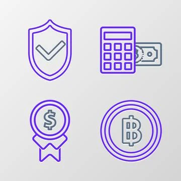 Set line Cryptocurrency coin Bitcoin, Reward for good work, Calculator with.. Stock Illustration