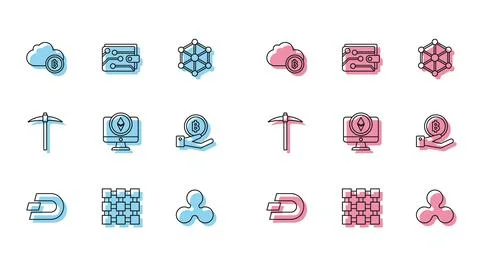 Set line Cryptocurrency coin Dash, Blockchain technology, cloud mining, Ripple Illustrazione stock