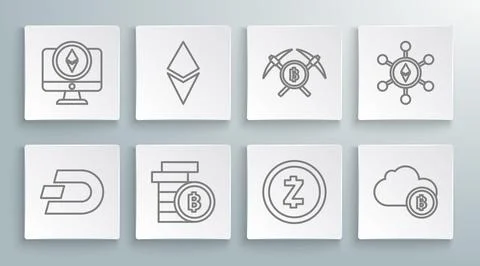 Set line Cryptocurrency coin Dash, Ethereum ETH, Bitcoin, Zcash ZEC, cloud Illustrazione stock