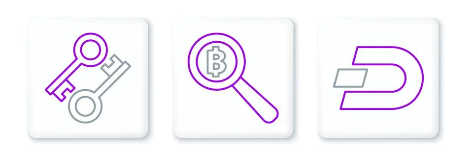 Set line Cryptocurrency coin Dash, key and Magnifying glass with Bitcoin ic.. Stock Illustration