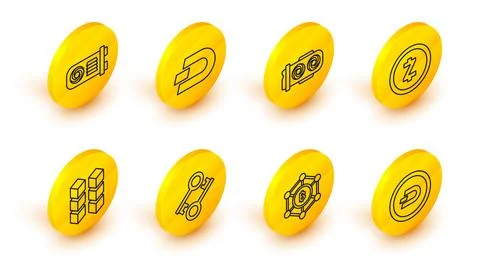 Set line Cryptocurrency coin Dash, Blockchain technology Bitcoin, key, Zcas.. Stock Illustration