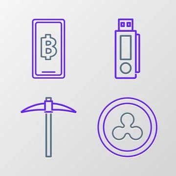Set line Cryptocurrency coin Ripple XRP, Pickaxe, USB flash drive and Phone.. Stock Illustration