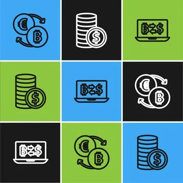 Set line Cryptocurrency exchange, and Coin money with dollar icon. Vector Stock Illustration