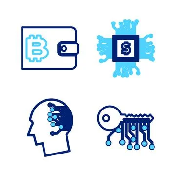 Set line Cryptocurrency exchange, Bitcoin think, CPU mining farm and wallet icon Illustrazione stock