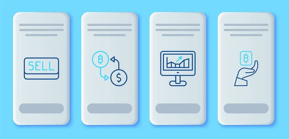 Set line Cryptocurrency exchange, Computer with growth graph, Sell button a.. Illustrazione stock