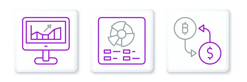 Set line Cryptocurrency exchange, Computer with growth graph and Pie chart .. Illustrazione stock