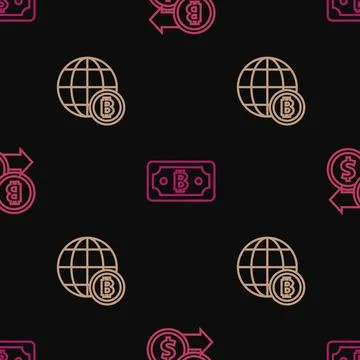 Set line Cryptocurrency exchange, Globe Bitcoin and bitcoin on seamless pattern Illustrazione stock