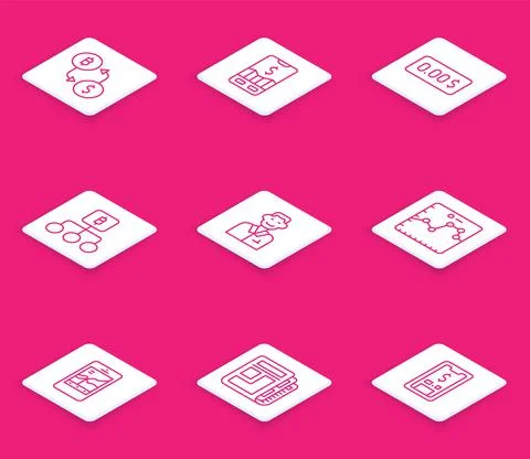 Set line Cryptocurrency exchange, Mobile stock trading, Zero cost, Blockchain Illustrazione stock