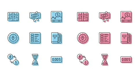 Set line Cryptocurrency exchange, Old hourglass, Stacks paper money cash, Zero Illustrazione stock