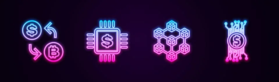 Set line Cryptocurrency exchange, Processor chip with dollar, Blockchain Illustrazione stock