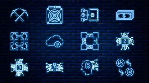 Set line Cryptocurrency exchange, Processor chip with dollar, Proof of stake Stockillustratie