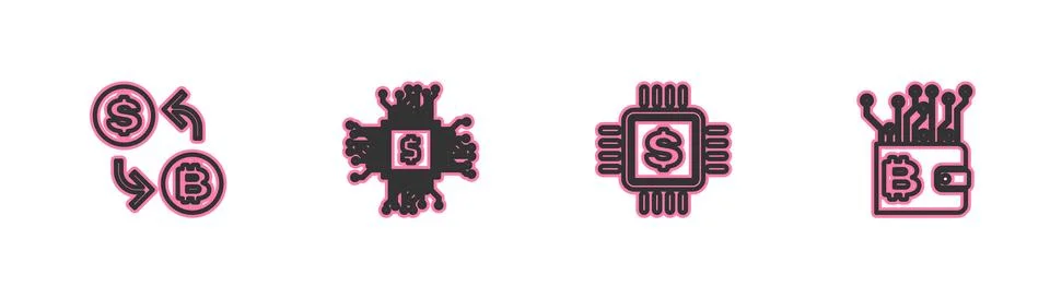 Set line Cryptocurrency exchange, Processor chip with dollar, and wallet icon Stock Illustration