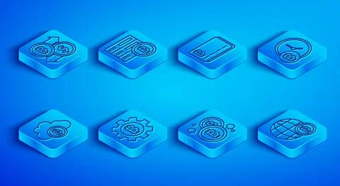 Set line Cryptocurrency exchange, Server bitcoin, Credit card with, Bitcoin Illustrazione stock