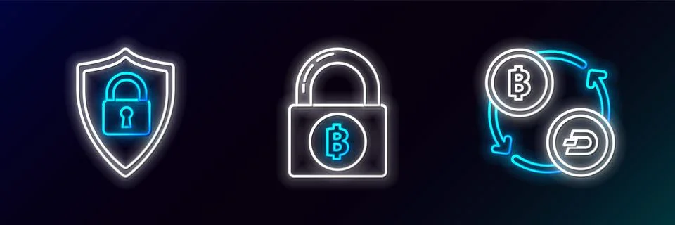 Set line Cryptocurrency exchange, Shield security with lock and Lock bitcoi.. Stock Illustration