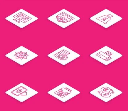 Set line Cryptocurrency exchange, Stacks paper money cash, Coin with pound, Yen Stock Illustration