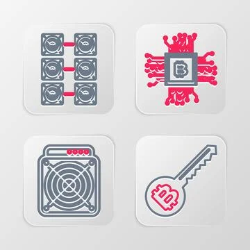 Set line Cryptocurrency key, ASIC Miner, Processor and Mining farm icon. Vector 스톡 일러스트