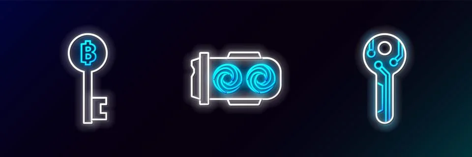 Set line Cryptocurrency key, Bitcoin and Mining farm icon. Glowing neon. Vect 스톡 일러스트