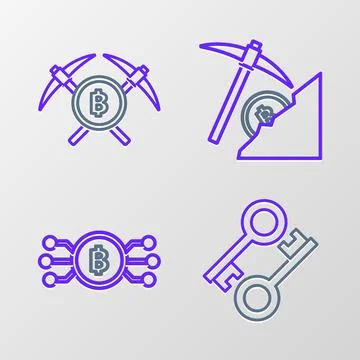 Set line Cryptocurrency key, bitcoin in circle with microchip circuit, clou.. Stock Illustration