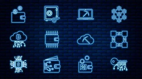 Set line Cryptocurrency key, Blockchain technology, Mining with laptop and .. Stock Illustration