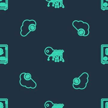 Set line Cryptocurrency key, cloud mining and Proof of stake on seamless pattern Illustrazione stock