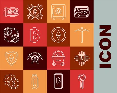 Set line Cryptocurrency key, CPU mining farm, Pickaxe, Safe, coin Bitcoin Stock Illustration