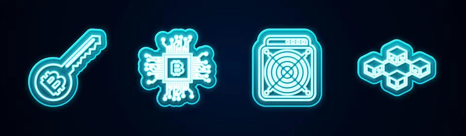 Set line Cryptocurrency key, CPU mining farm, ASIC Miner and Blockchain techn Stock Illustration