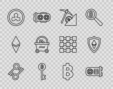 Set line Cryptocurrency key, Mining farm, cloud mining, Bitcoin, Ripple XRP.. Stockillustratie