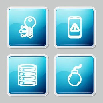 Set line Cryptocurrency key, Mobile with exclamation mark, Server, Data, Web Illustrazione stock