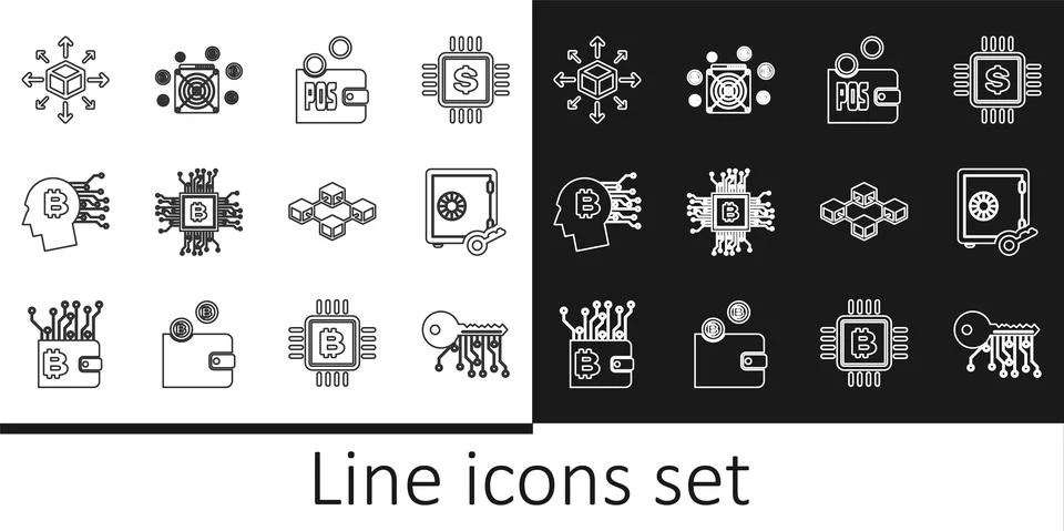 Set line Cryptocurrency key, Proof of stake, CPU mining farm, Bitcoin think Stock Illustration