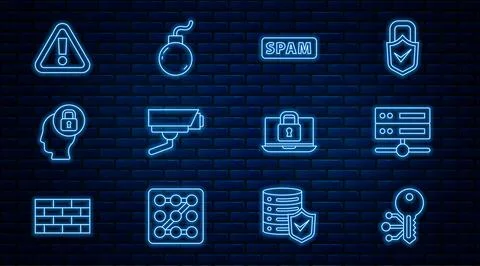 Set line Cryptocurrency key, Server, Data, Web Hosting, Spam, Security came.. Stock Illustration