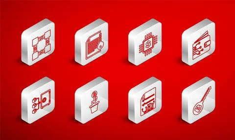 Set line Cryptocurrency key, Smart contract, Processor chip with dollar, wallet Illustrazione stock